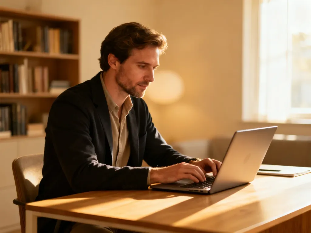 Mężczyzna w stylu smart-casual pracujący przy laptopie w nowoczesnym domowym biurze.