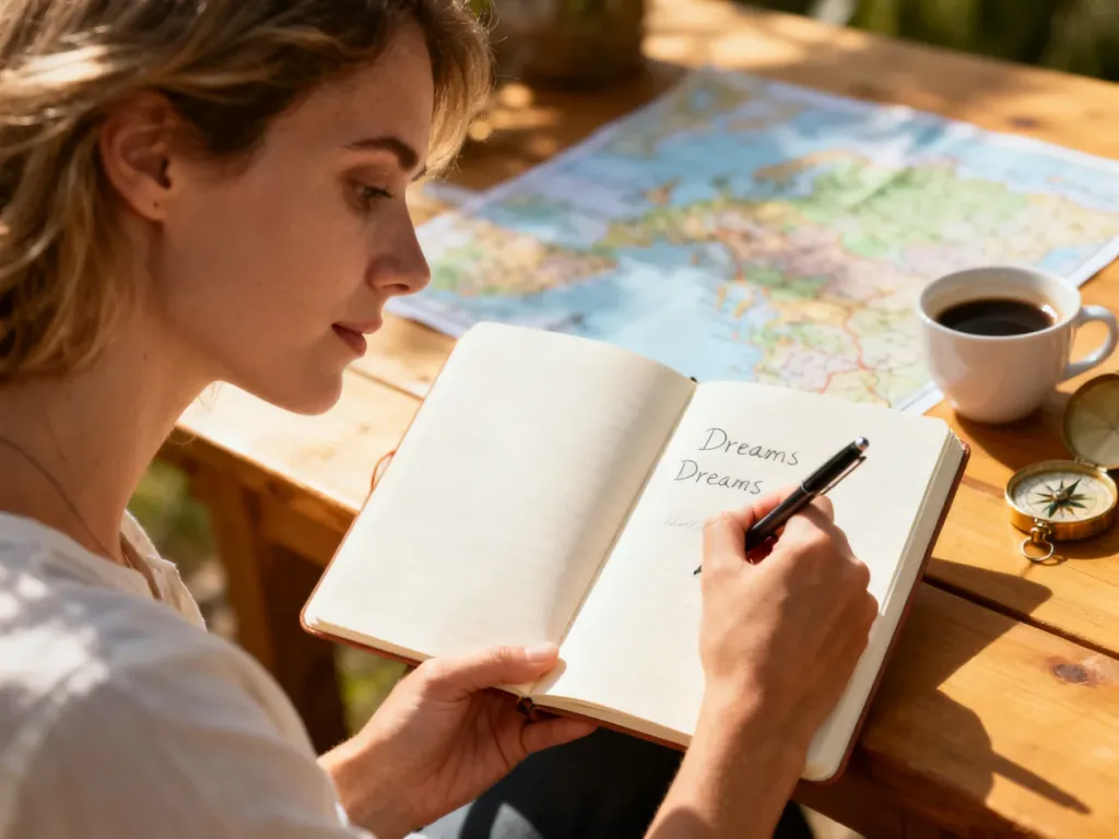 Kobieta zapisuje swoje marzenia w notatniku przy stole z mapą i kompasem, co inspiruje do tworzenia listy bucket list.