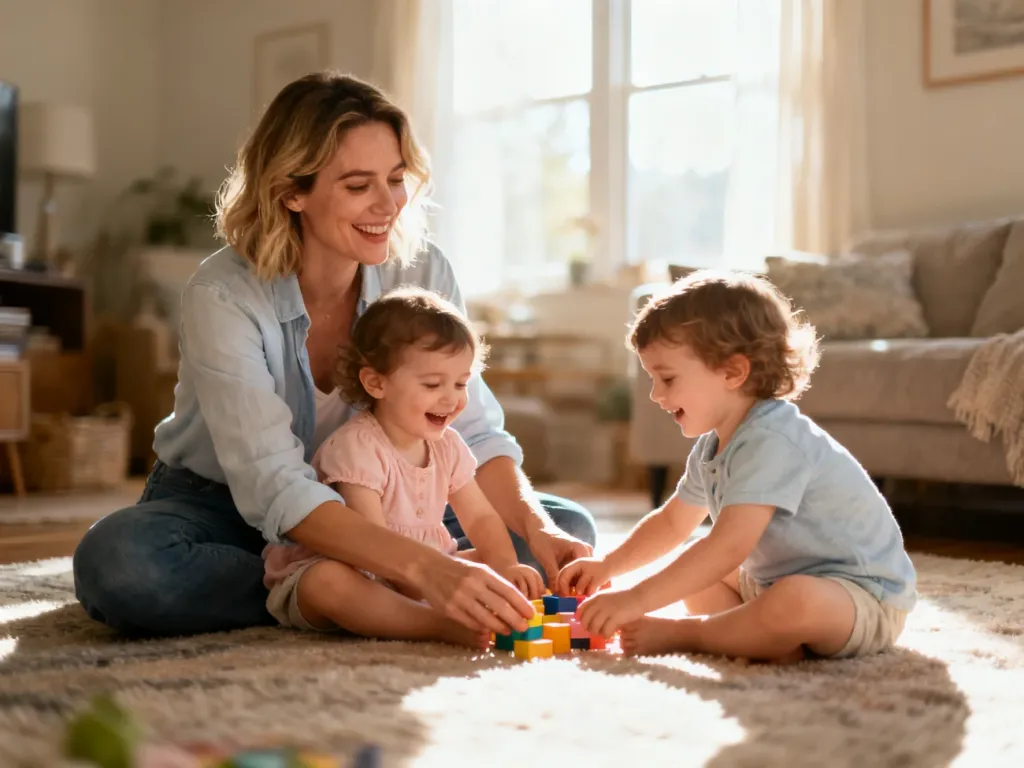 Au pair bawiąca się z dziećmi na podłodze w przytulnym salonie, tworząca ciepłą i rodzinną atmosferę.