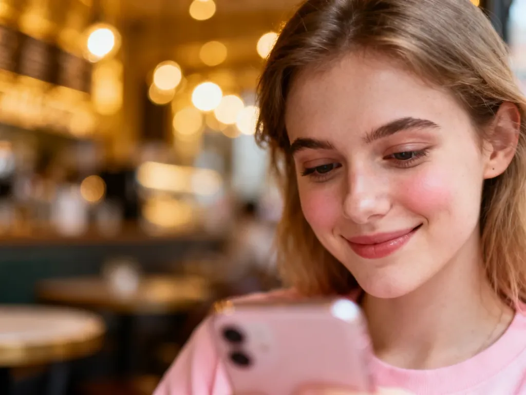 Młoda kobieta z delikatnym uśmiechem patrzy na telefon w przytulnej kawiarni, co symbolizuje zauroczenie i emocje towarzyszące crushowi.