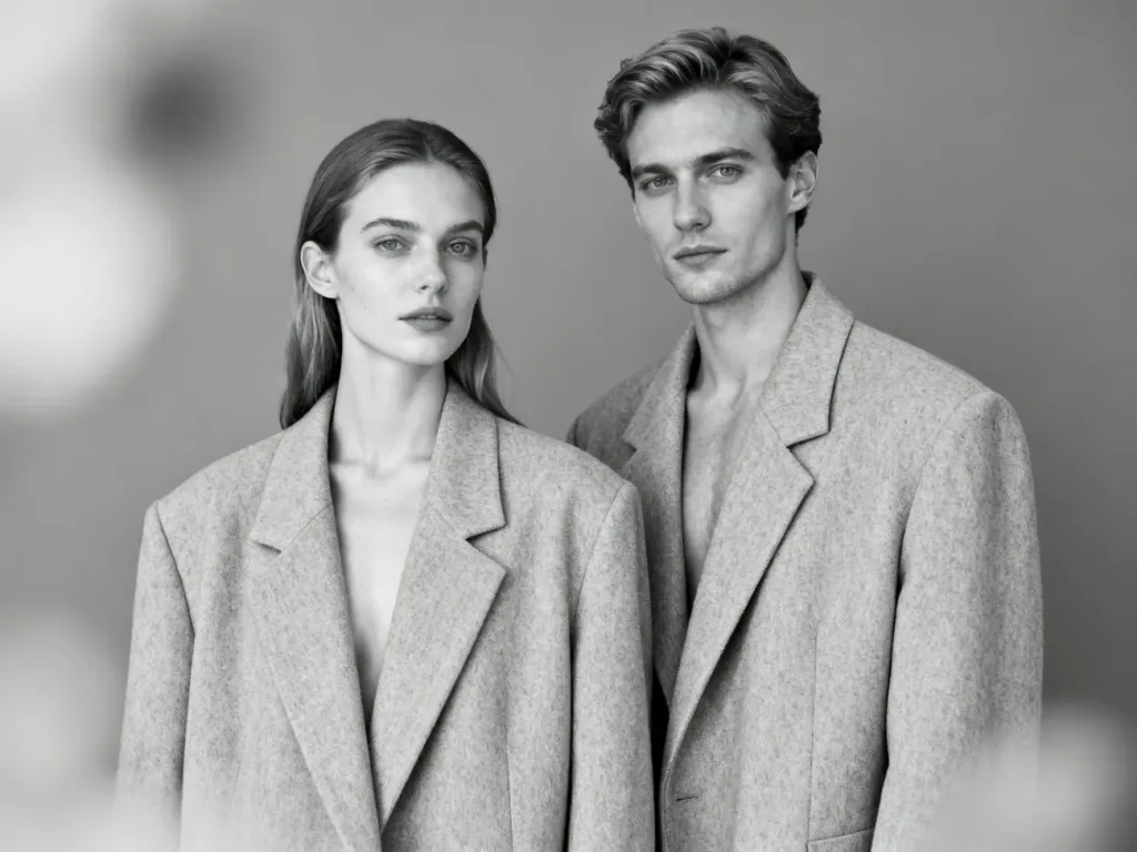 Kobieta i mężczyzna w identycznych marynarkach typu oversize na neutralnym tle, ilustrujący ideę mody unisex.