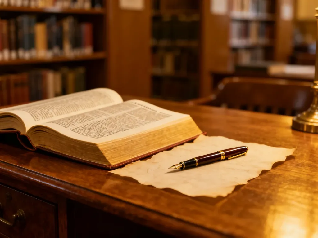 Otwarte słownik i pióro na drewnianym biurku w bibliotece, symbolizujące pracę z językiem i poprawną polszczyzną.