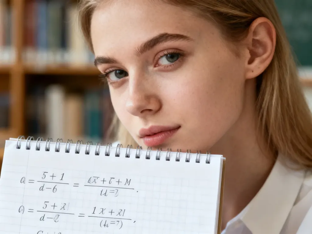 Kobieta skupiona na notatkach z ułamkami i równaniami matematycznymi w jasnym, edukacyjnym otoczeniu.